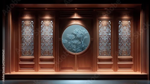 Elegant Tang Style Wooden Screen Background Showcasing Eastern Artistic Conception