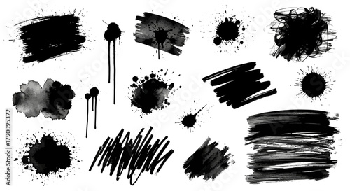 Diverse collection of grunge design elements: artistic ink splatters and stains