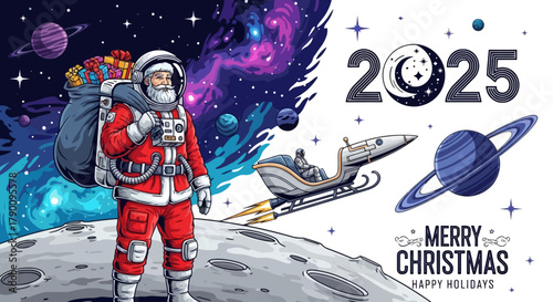 Astronaut Santa Claus on Moon with Space Sleigh for Christmas 2025