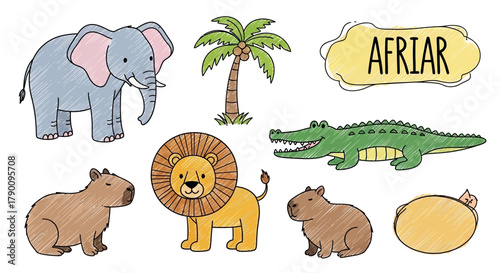 Hand-drawn african safari animals vector illustration with an elephant and a lion