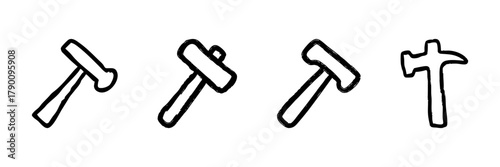 Four Hammer Line Icons In Doodle Style. Construction Tools And Diy Equipment Outline Sketch Collection. Hand Drawn Isolated Vector Illustration