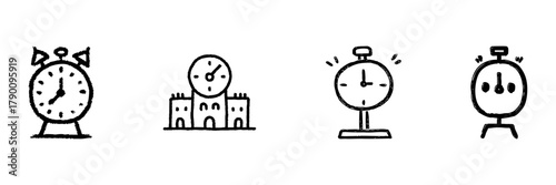 Alarm Clock And Stopwatch Line Icon Set In Doodle Style. Time Management, Punctuality, And Scheduling Outline Sketch Collection. Hand Drawn Isolated Vector Illustration