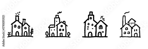 Charming Village Houses Line Icon Set In Doodle Style. Community Living, Architecture, And Residential Design Outline Sketch Collection. Hand Drawn Isolated Vector Illustration