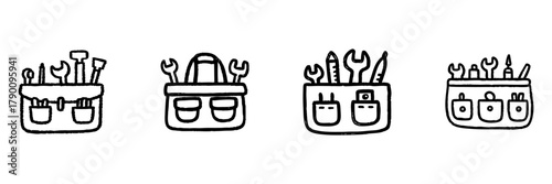Toolbox Line Icon Set In Doodle Style. Handyman Tools And Equipment Outline Sketch Collection. Construction, Repair, And Maintenance Symbols. Hand Drawn Isolated Vector Illustration