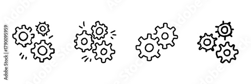 Gears And Cogs Line Icon Set In Doodle Style. Mechanical Engineering, Process Optimization, And System Integration Outline Sketch Collection. Hand Drawn Isolated Vector Illustration
