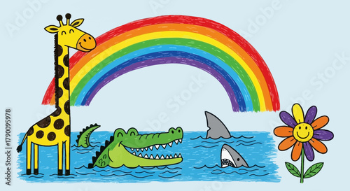 Whimsical cartoon illustration of animals under a rainbow, with happy smiling flower