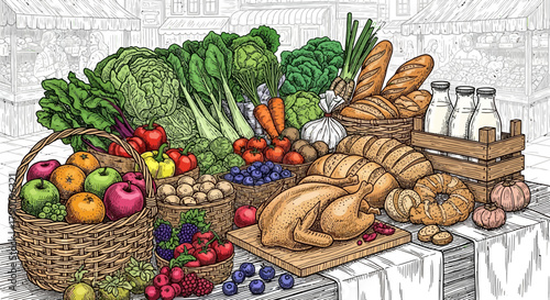 Harvest Bounty: Abundant Fresh Produce and Baked Goods at a Bustling Farmer's Market