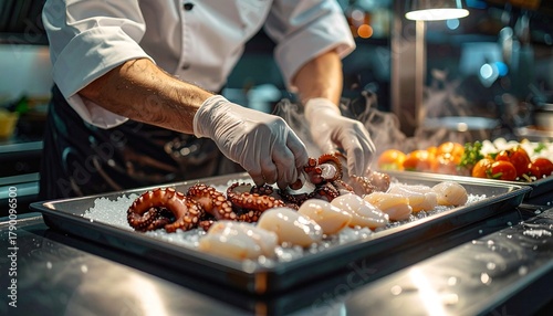 preparing fresh seafood, including octopus and clams, on ice,chef preparing food