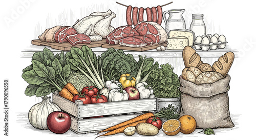 Farm-fresh produce and wholesome products displayed in an artistic hand-drawn style