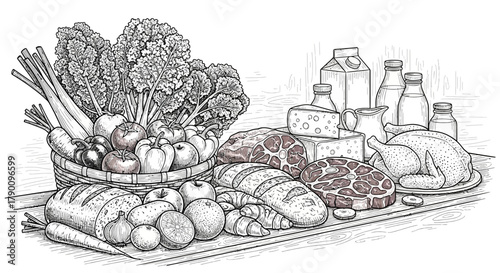 Detailed line drawing of diverse food groups: A celebration of culinary variety