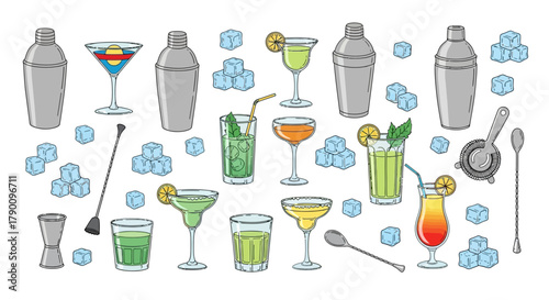 Collection of colorful cocktails and bar equipment vector seamless pattern background