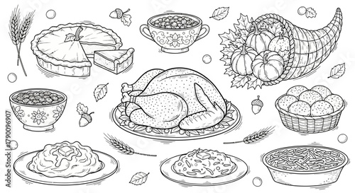 Detailed thanksgiving dinner illustration with turkey, pie, and cornucopia in black and white
