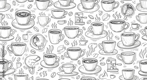 Coffee shop seamless pattern with hand drawn coffee cups and coffee beans sketches