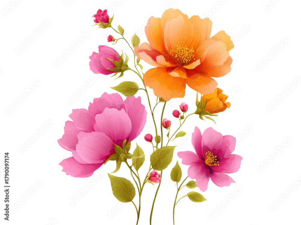 Fototapeta premium Vibrant pink and orange floral arrangement flowers bloom, Isolated, Png Transparent Background