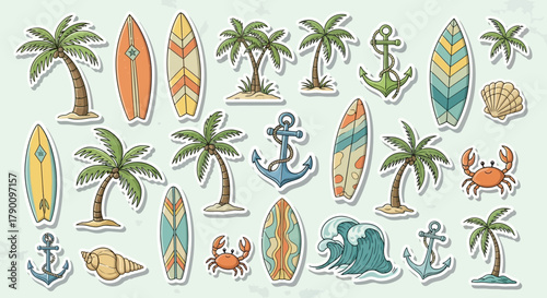 Vibrant Summer Beach Sticker Collection Featuring Palm Trees and Surfboards