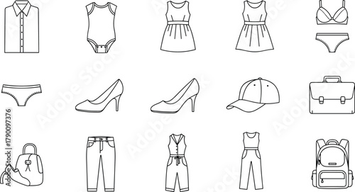 Clothing and Accessories Line Art Grid – Shirts, Dresses, Undergarments, Footwear, Bags, and Headwear in Stylized Fashion Illustrations