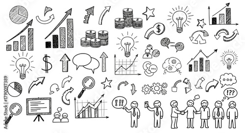Hand-drawn business doodles representing growth, ideas, and teamwork on white background