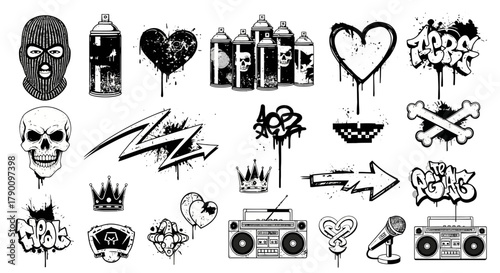 Collection of black and white graffiti elements, representing street art and urban culture