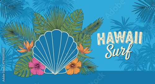 Tropical Hawaii surf background with shell, hibiscus and exotic floral designs