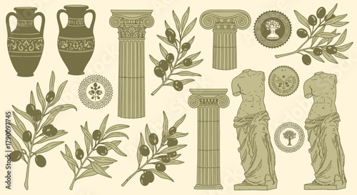 Elegant olive green vector pattern featuring ancient Greek architectural motifs and sculptures