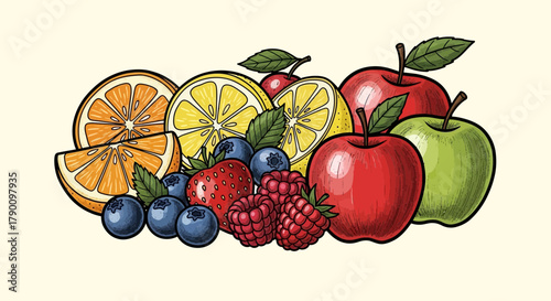 Vibrant fruit assortment: Apples, oranges, lemons and berries in colorful composition
