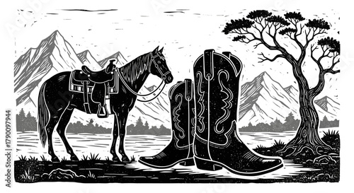 Vintage western scene illustration featuring horse, boots, and mountainous landscape