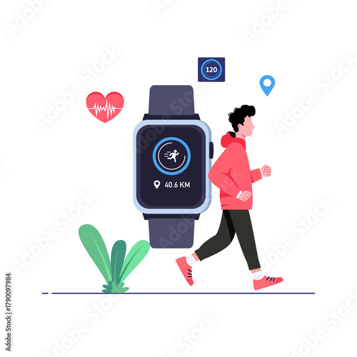 Man Running with Smart Fitness Watch. Vector Illustration of Wearable Health Tracker.