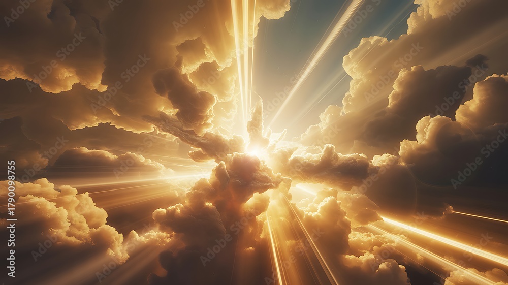 Fototapeta premium Heavenly Sky with Golden Light Rays Breaking Through the Clouds Above