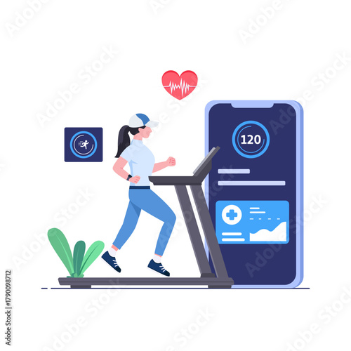 Illustration of a woman running on a treadmill in a gym setting, conveying the concept of fitness and exercise. Flat cartoon vector illustration