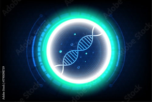 Abstract glowing DNA helix inside futuristic neon circle, symbolizing genetic science and biotechnology innovation