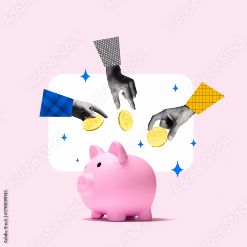 Three hands holding gold coins above a piggy bank. Concept of banking services, income savings. Art collage.