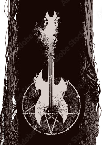 Vector music banner on theme black heavy metal with electric guitar,  pentagram and magical tree on black background. Flyer, poster, t-shirt design, music cover. No ai