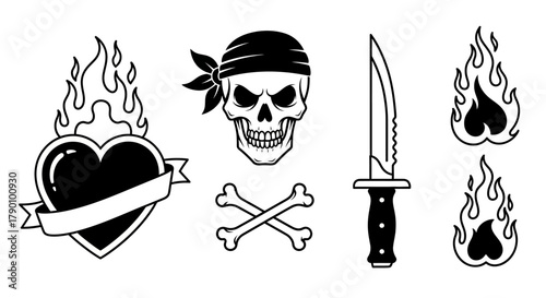 Classic Tattoo Art Design Featuring Skull, Heart, Dagger and Flames in Minimalist Style