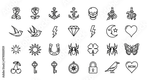 Collection of traditional tattoo flash design elements, monochrome vintage style illustration, art