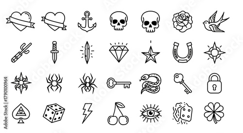 Collection of varied tattoo art symbols evoking a sense of vintage, classic design aesthetics