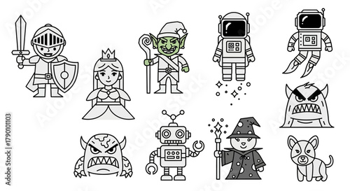 Line art cartoon characters featuring knight, princess, goblin, astronauts, robot and cute dog