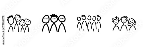Stick Figure Groups Line Icon Set In Doodle Style. Community, Teamwork, And Social Interaction Outline Sketch Collection. Hand Drawn Isolated Vector Illustration