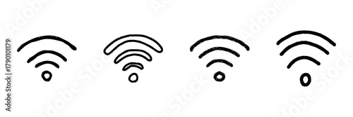 Wifi Signal Strength Line Icon Set In Doodle Style. Wireless Connectivity And Internet Access Outline Sketch Collection. Network Signal Levels Representation. Hand Drawn Isolated Vector Illustration