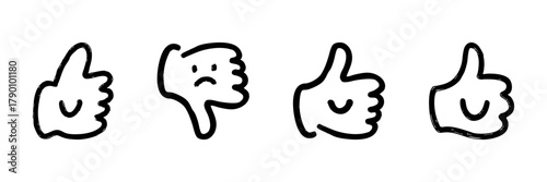 Thumbs Up And Down Line Icon Set In Doodle Style. Feedback And Approval Symbols Outline Sketch Collection. Hand Drawn Isolated Vector Illustration