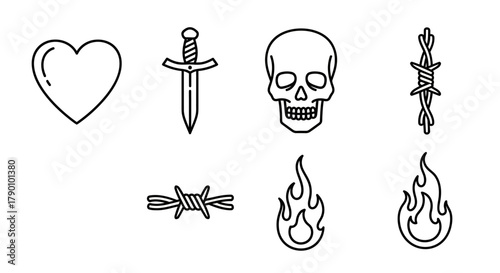 Collection of simple tattoo designs featuring heart, dagger, skull, barbed wire and flames