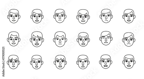 Variety of minimalist male facial expressions showcasing diverse emotions and personalities