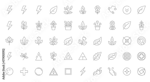 Collection of minimalist line art icons representing nature, energy, and geometric forms