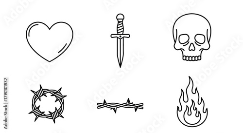 Conceptual tattoo icons, representing different motifs of love, danger, death and suffering