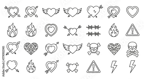 Diverse collection of edgy tattoo-style vector icons featuring hearts, flames, and skulls with
