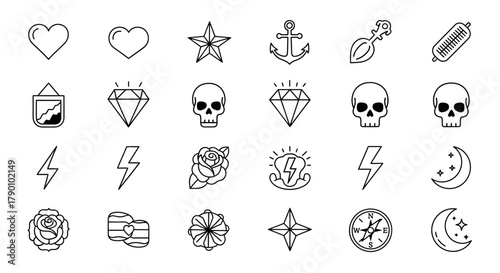 Collection of Hand-Drawn Tattoo Style Icons Featuring Hearts, Skulls, Diamonds, and Nautical