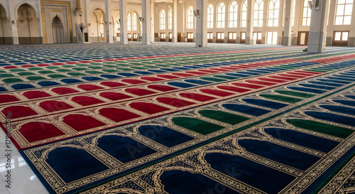 colorful prayer rugs adorn grand mosque floor