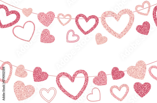 Isolated a kinds of deferent Seamless pink glitter hearts decoration. Valentines day frame, border. Wedding string ornaments isolated. Mothers day garland. vector art with white background.