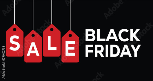 Black Friday Sale banner. High-contrast graphic featuring white "BLACK FRIDAY" text alongside the word "SALE" spelled out in individual white letters on four hanging red price tags. Dark black backgro