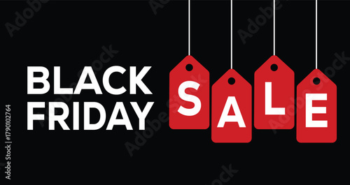 Black Friday Sale banner. High-contrast graphic featuring white "BLACK FRIDAY" text alongside the word "SALE" spelled out in individual white letters on four hanging red price tags. Dark black backgro