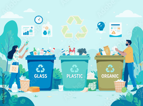 People Sorting Waste into Recycling Bins for a Sustainable Future, Promoting Eco-Friendly Habits and Environmental Protection through Proper Trash Segregation